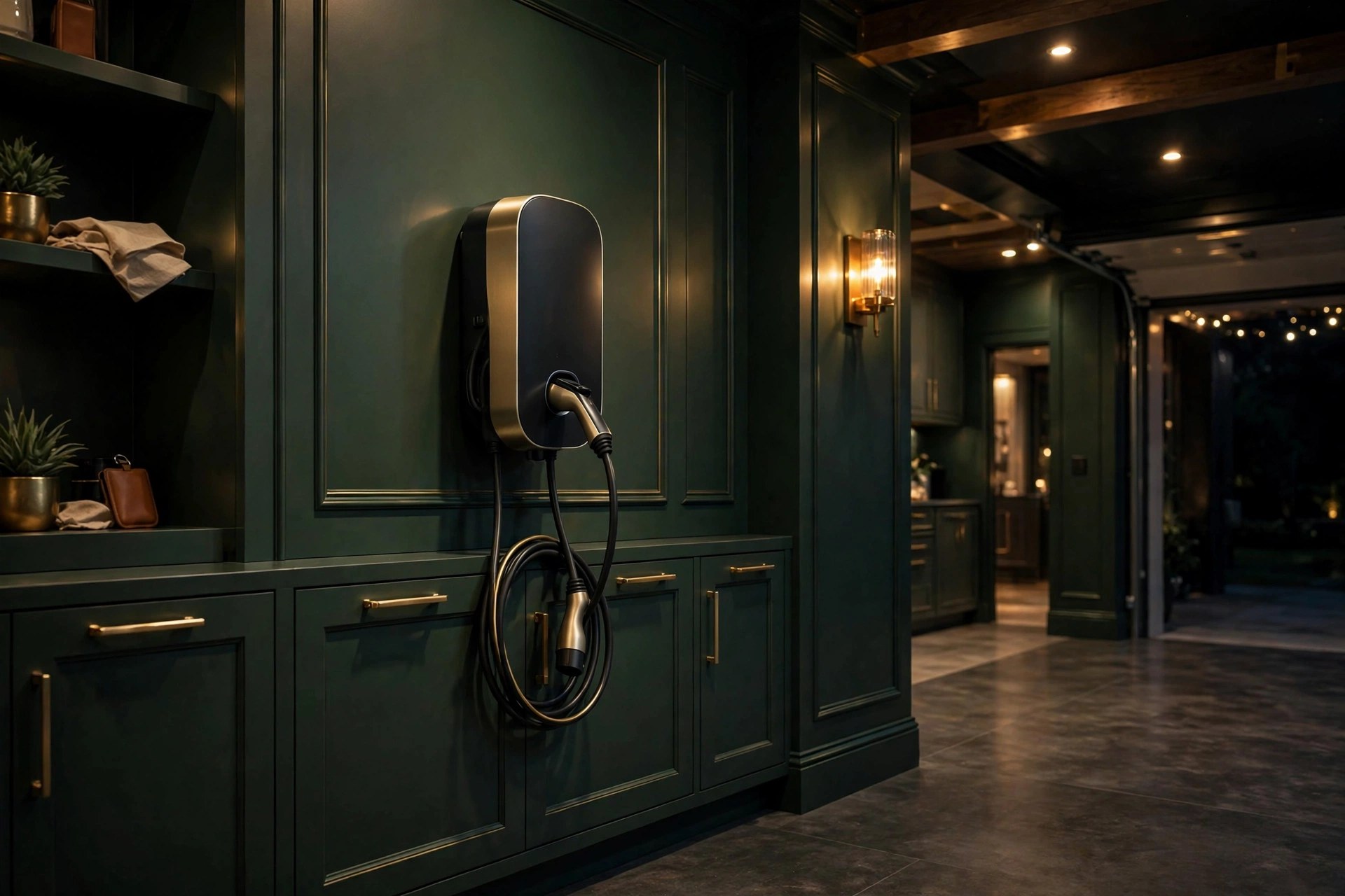 A sleek home EV charging station mounted on a deep green paneled wall in an upscale garage