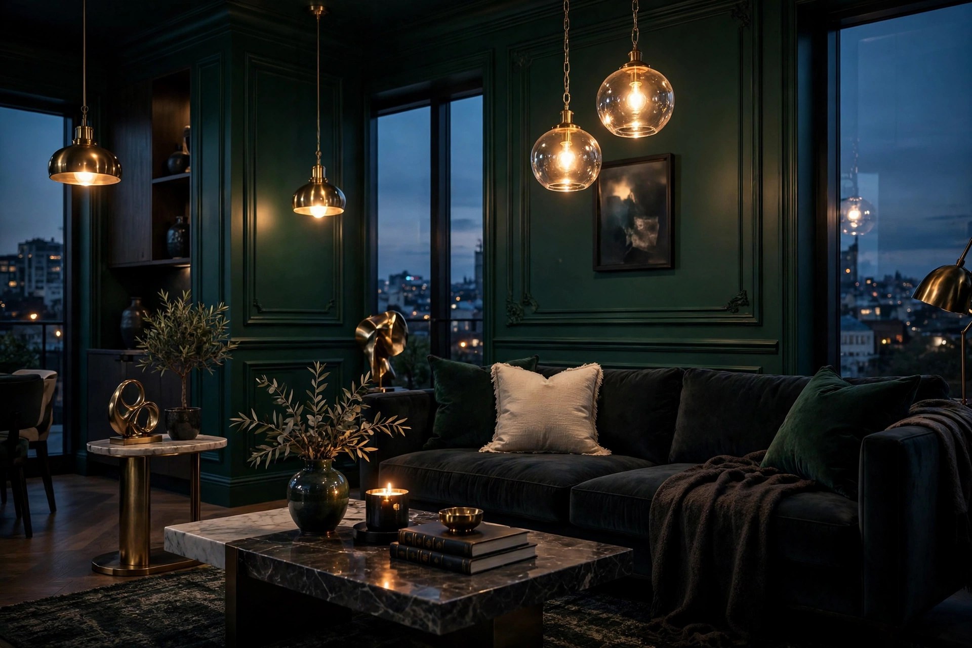 A richly lit living room with deep green walls and warm brass pendant lighting, finished to a high standard