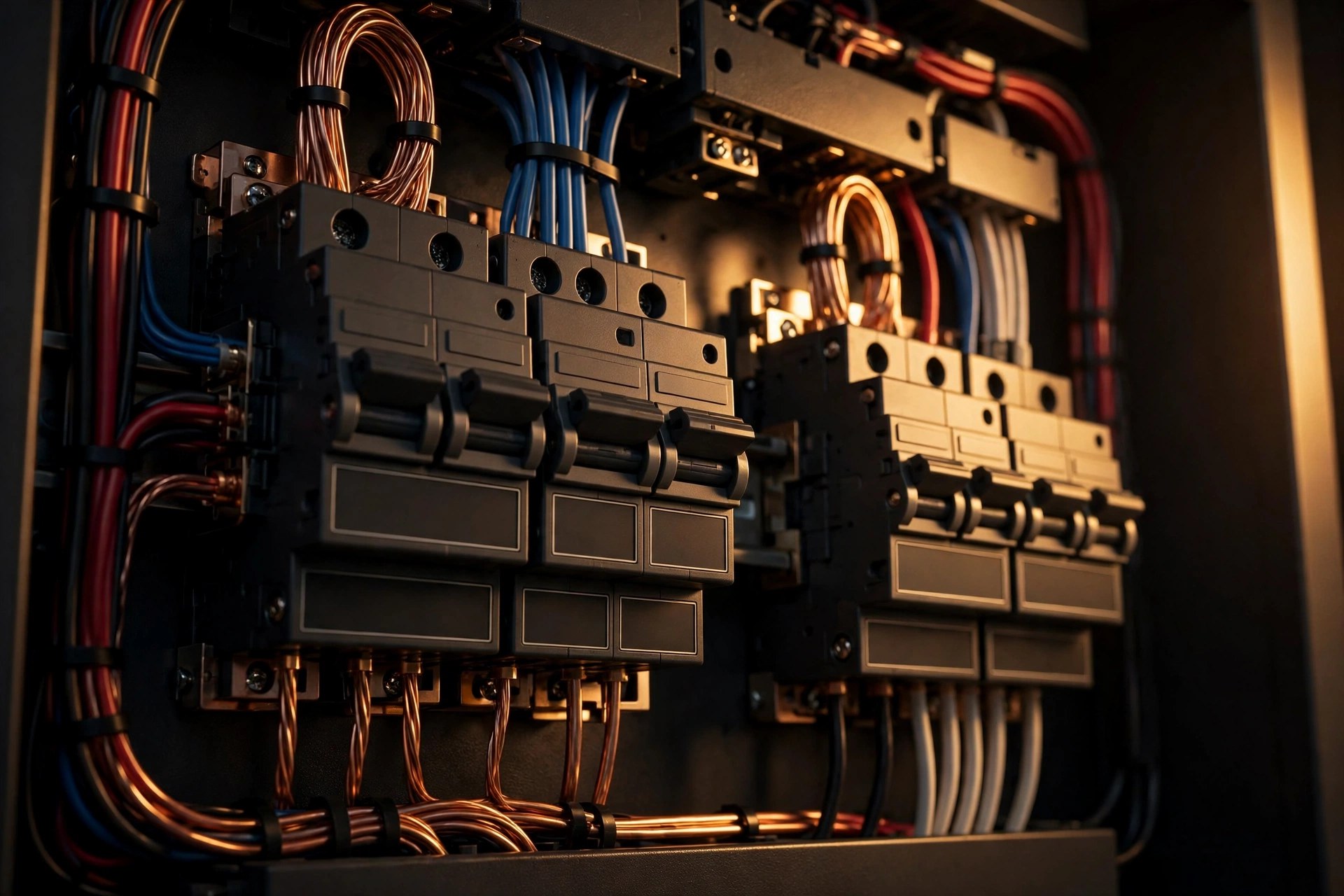 A pristine electrical panel with neatly organized copper wiring and breakers